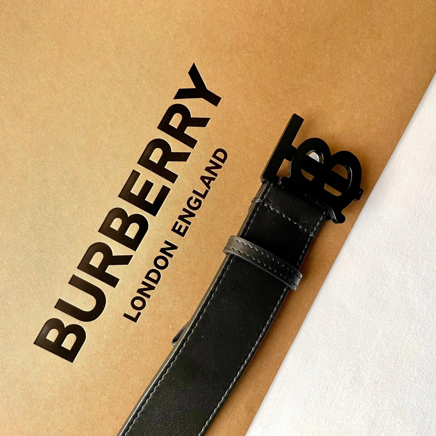 Burberry Black TB Logo Buckle Leather Belt