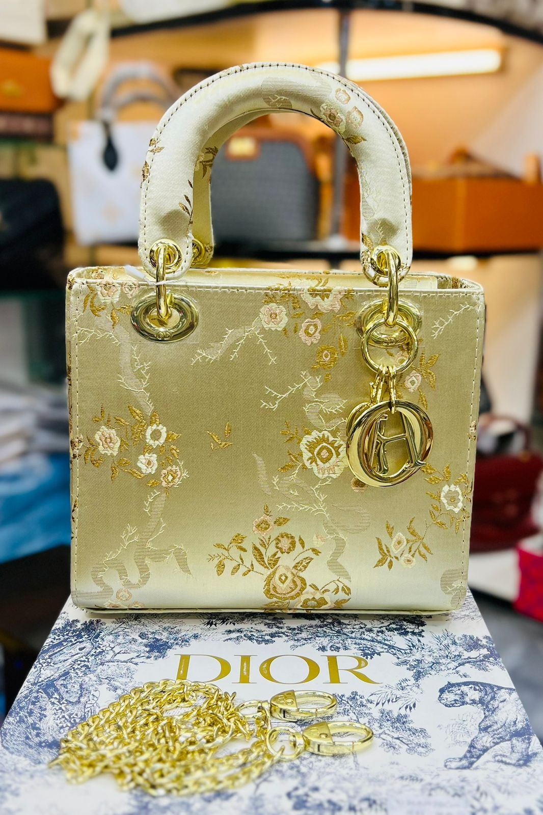 Mini Lady Dior Bag Latte Calfskin with Millefiori Unicorn Embroidery